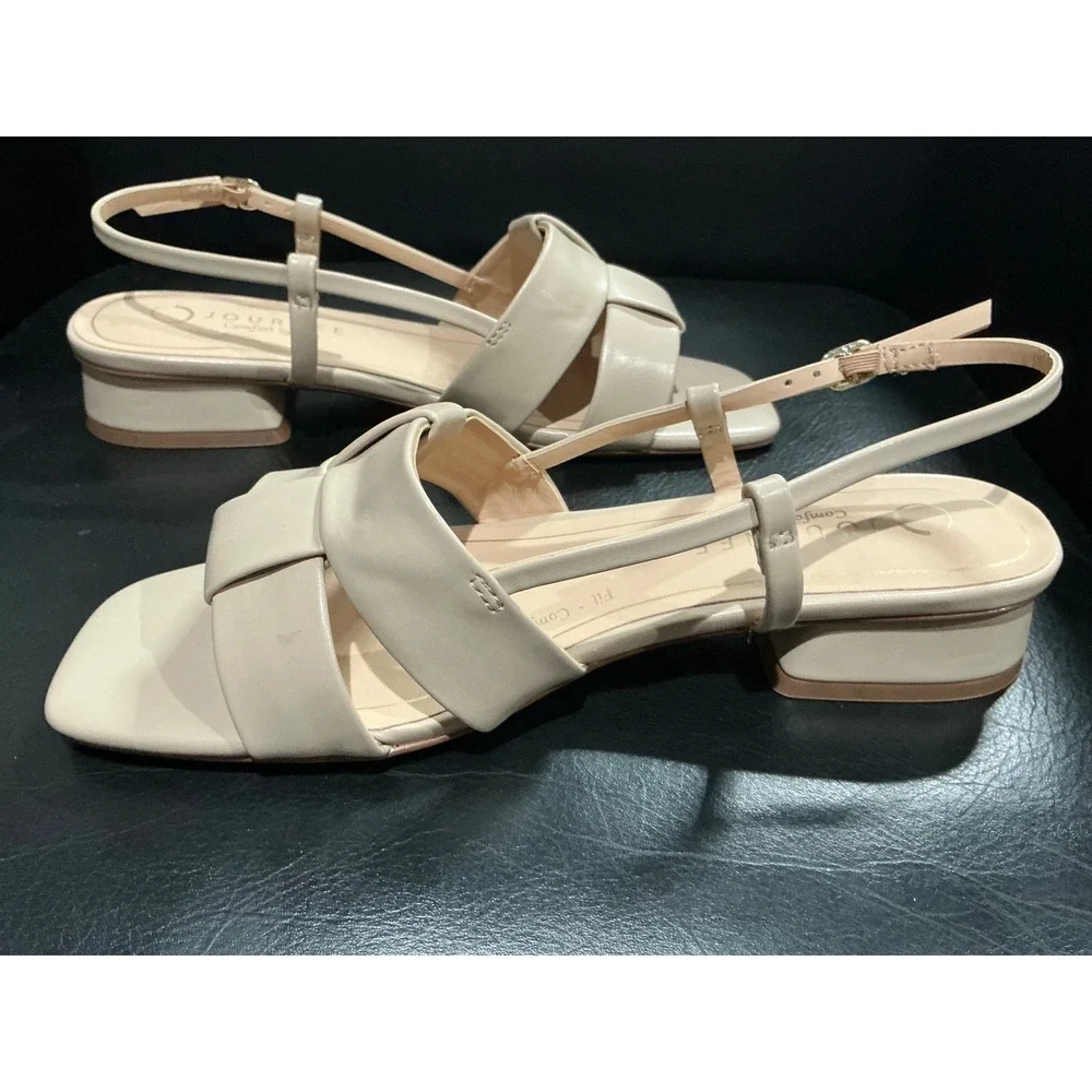 Journee‎ Tabatha Sandals Womens 8 Nude Block Heel Slingback Knot Square
